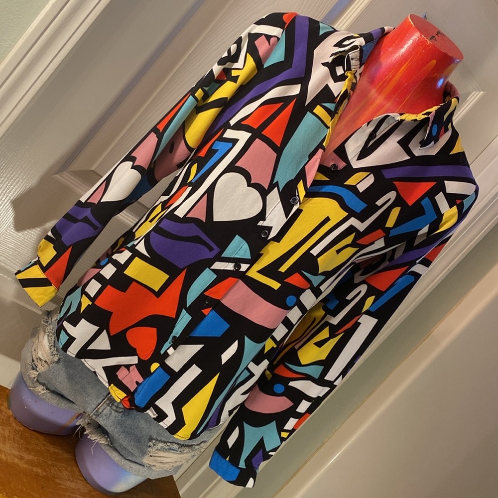 BIG DART Multicolored Pop Art Retro Button Down Long Sleeve Shirt